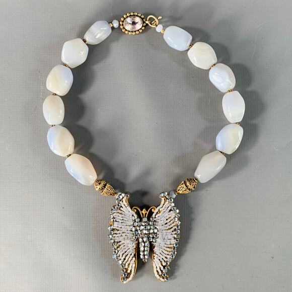 MIRIAM HASKELL Vintage Blue Gold Butterfly Beads Pendant Necklace - Picture 1 of 5